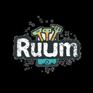 RUUM logo featuring white text with construction tools including hammer and wrench emerging from a blue toolbox on black background